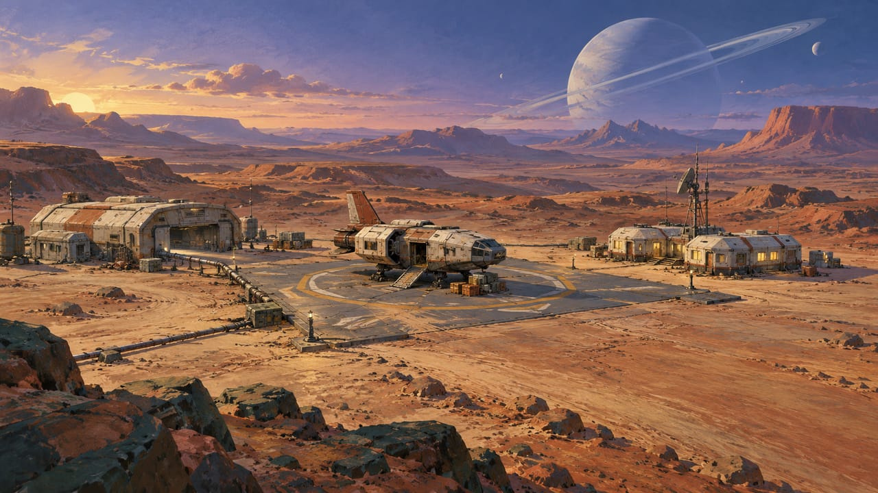 Ein kleiner Koloniehafen auf einem kargen Planeten im Abendlicht, darüber ein Ringplanet.
